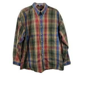 417 by Van Heusen Men's Indigo multicolored Plaid  Shirt Size L cotton VTG